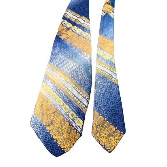 Wembley Mens Blue and Gold Patterned Silk Tie Vintage Necktie - Picture 1 of 5